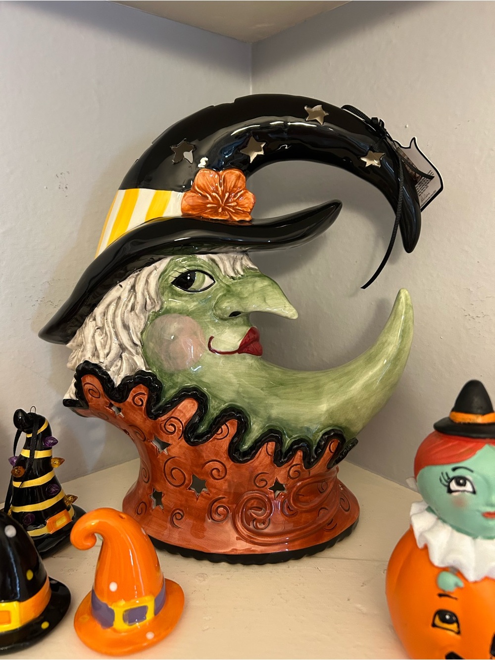 Blue Sky Green Witch Moon with Black Hat and Orange Accents
